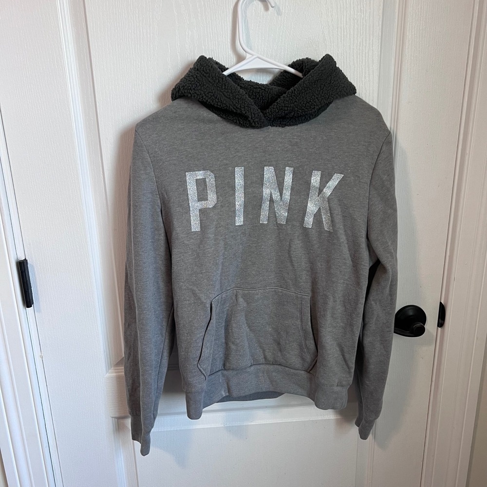 Victoria's Secret PINK Grey Hoodie Silver Glitter Logo Sherpa Hood Size Small